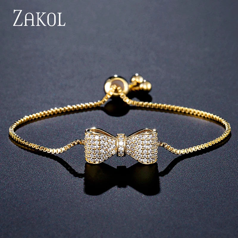 ZAKOL Fashion Bow Zirconia Crystal  Adjustable Bracelet & Bangle for Women Brilliant CZ Party Jewelry