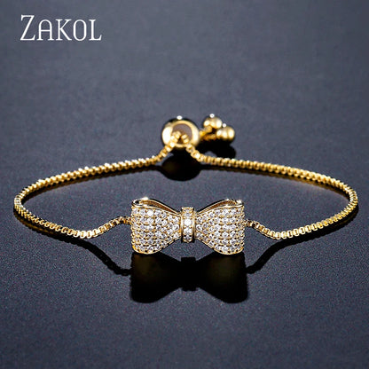 ZAKOL Fashion Bow Zirconia Crystal  Adjustable Bracelet & Bangle for Women Brilliant CZ Party Jewelry