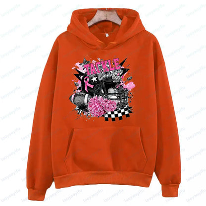 Football Tackle Cancer Sportswear Breast Cancer Awareness Tops Pink Out Cancer Preppy Game Day Clothing Pink Ribbon Women Hoodie