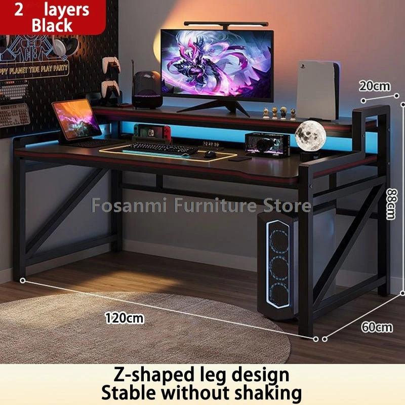 Wide Desktop Office Desk with Storage Shelf Modern Steel Frame Table for Bedroom Study Durable Computer Desks for Gaming Writing