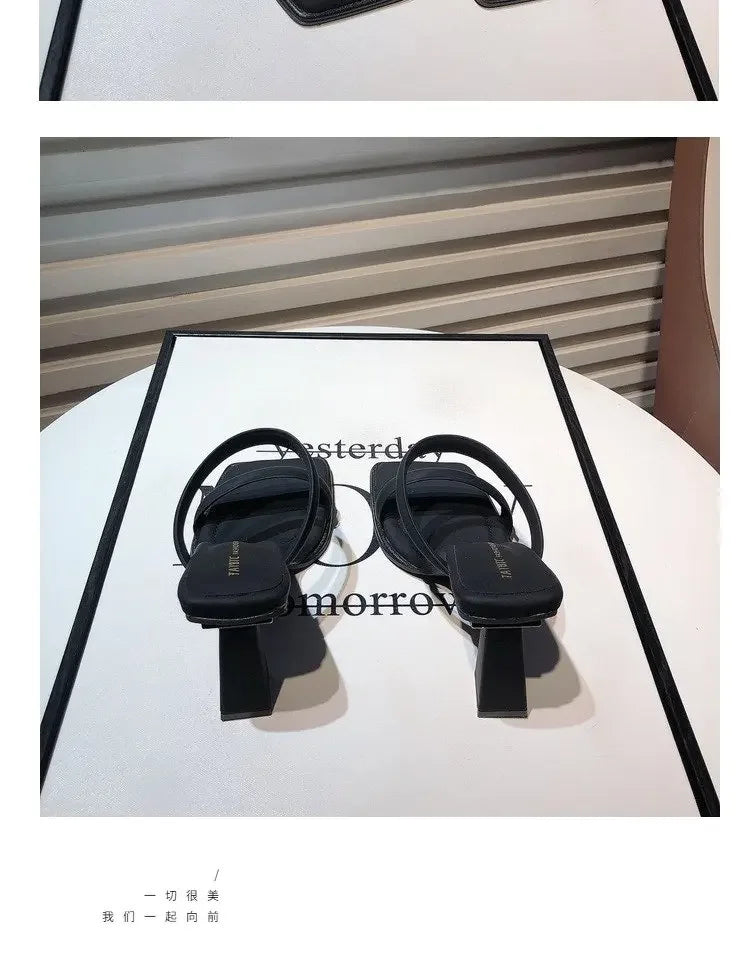 High-Heeled Shoes Lady Square heel'    Luxury Slides Block 2025 Summer Soft Designer Flat Rubber Fabr