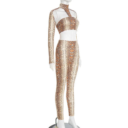 2026 Snake Print Sexy 2 Piece Set Women Spring Autumn Halter Long Sleeve Crop Tops+Pants Matching Stretch Streetwear Outfits