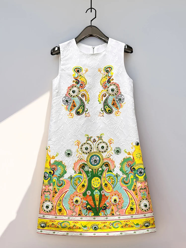 2026 Women Printed Beaded Dress Sleeveless Colorblock a Line Dress Elegant Summer Ladies Fashion Tank Dress Party Casual Dress