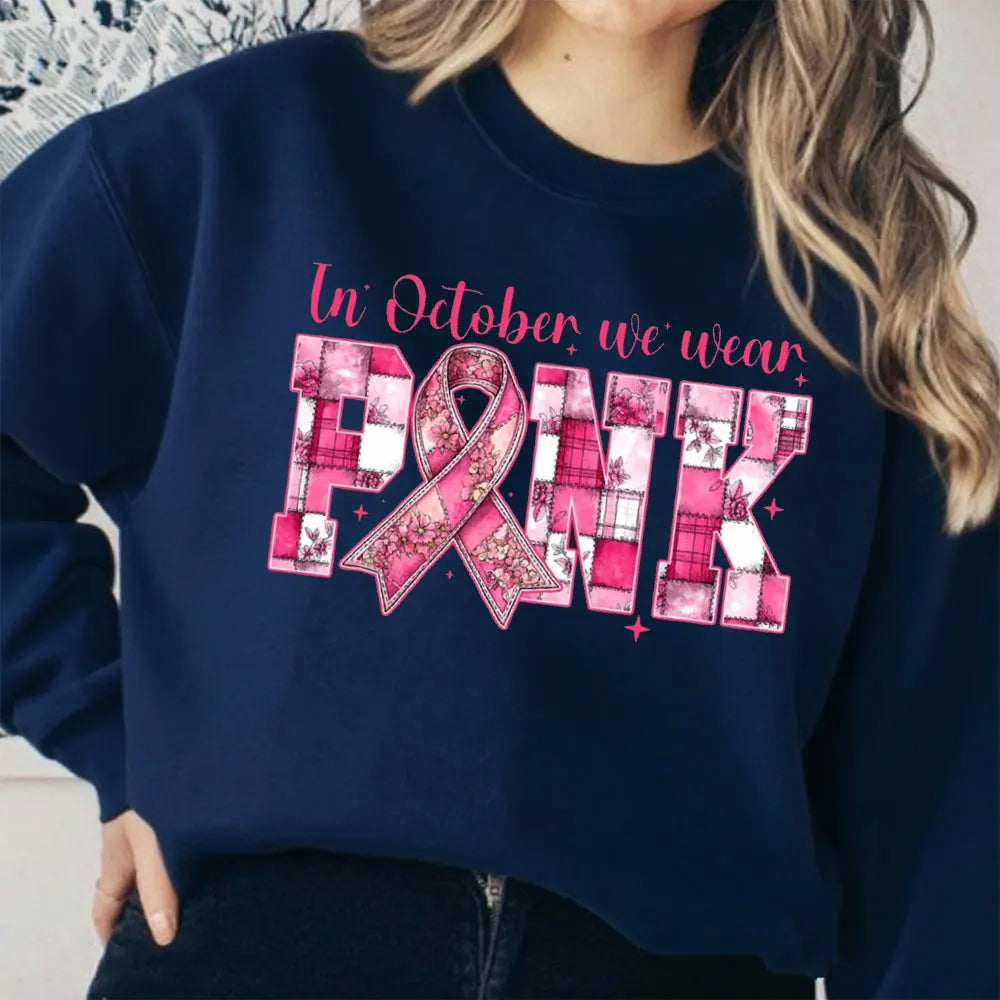 In October We Wear Pink Clothing Composite Creativity Pink Ribbon Tops Breast Cancer Women Modern and Trendy Streetwear Apparel