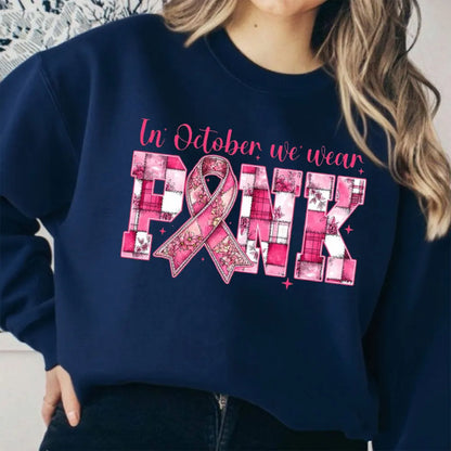 In October We Wear Pink Clothing Composite Creativity Pink Ribbon Tops Breast Cancer Women Modern and Trendy Streetwear Apparel