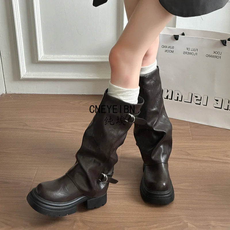 Women Double Buckle Slouch Knee High Boots Round Toe Platform Thick Sole Leather Tall Boots Street Casual Daily Ladies Boots