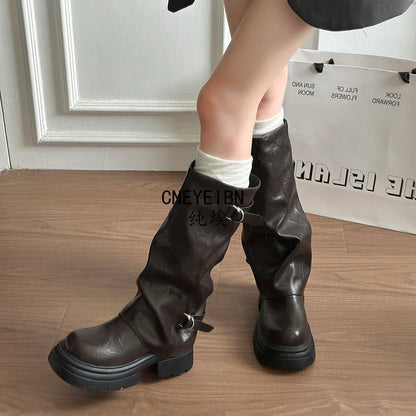 Women Double Buckle Slouch Knee High Boots Round Toe Platform Thick Sole Leather Tall Boots Street Casual Daily Ladies Boots