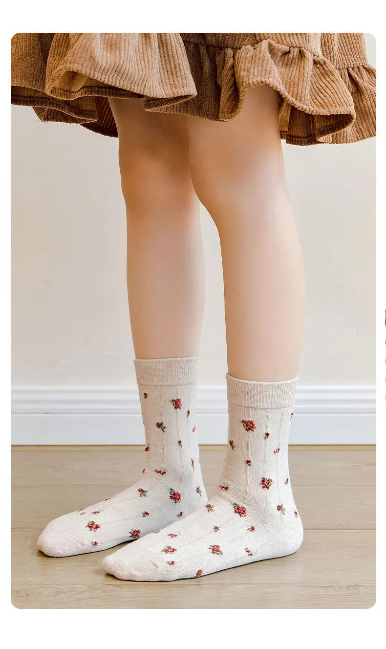 Auutumn Winter Girls Socks Retro Maillard Color Ruffle Socks Children's Calf Socks Cotton Socks  5 Pairs