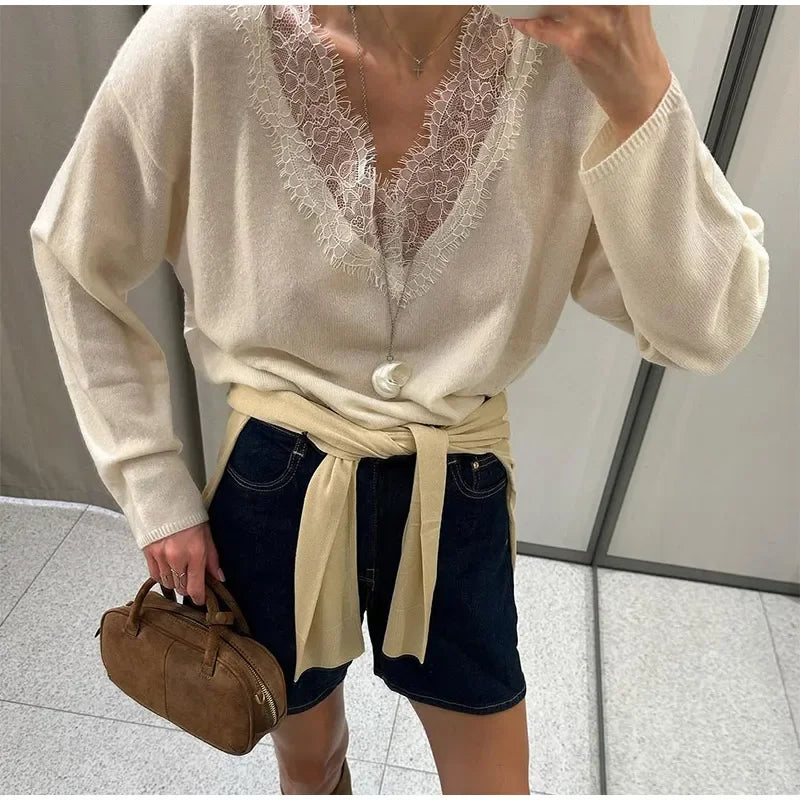 Women Fashion Lace Pullovers Elegant Long Sleeves Chic V-neck Solid Slim Knitwear 2025 Autumn Winter Daily Commute Outerwear