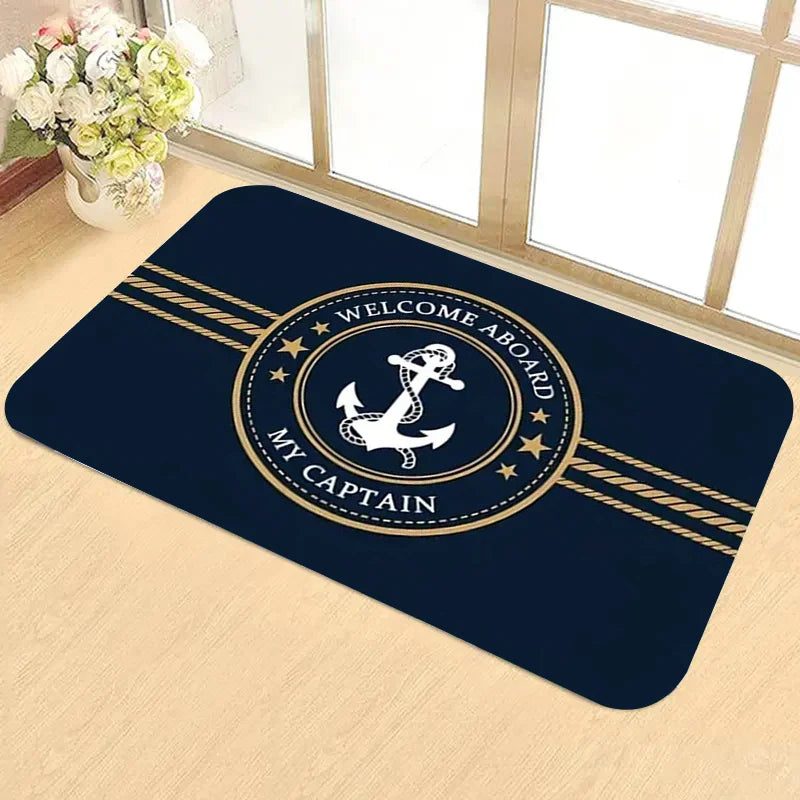Welcome Aboard My Captain Door Mat Nautical Anchor Rope Design Non-slip Floor Rug for Living Room Bedroom Office Home Decor