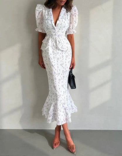 Printed V-neck Waist Cinched Pleated Dress Lapel Short Sleeve High Waisted Maxi Dresses Elegant Women's Summer New Vestidos