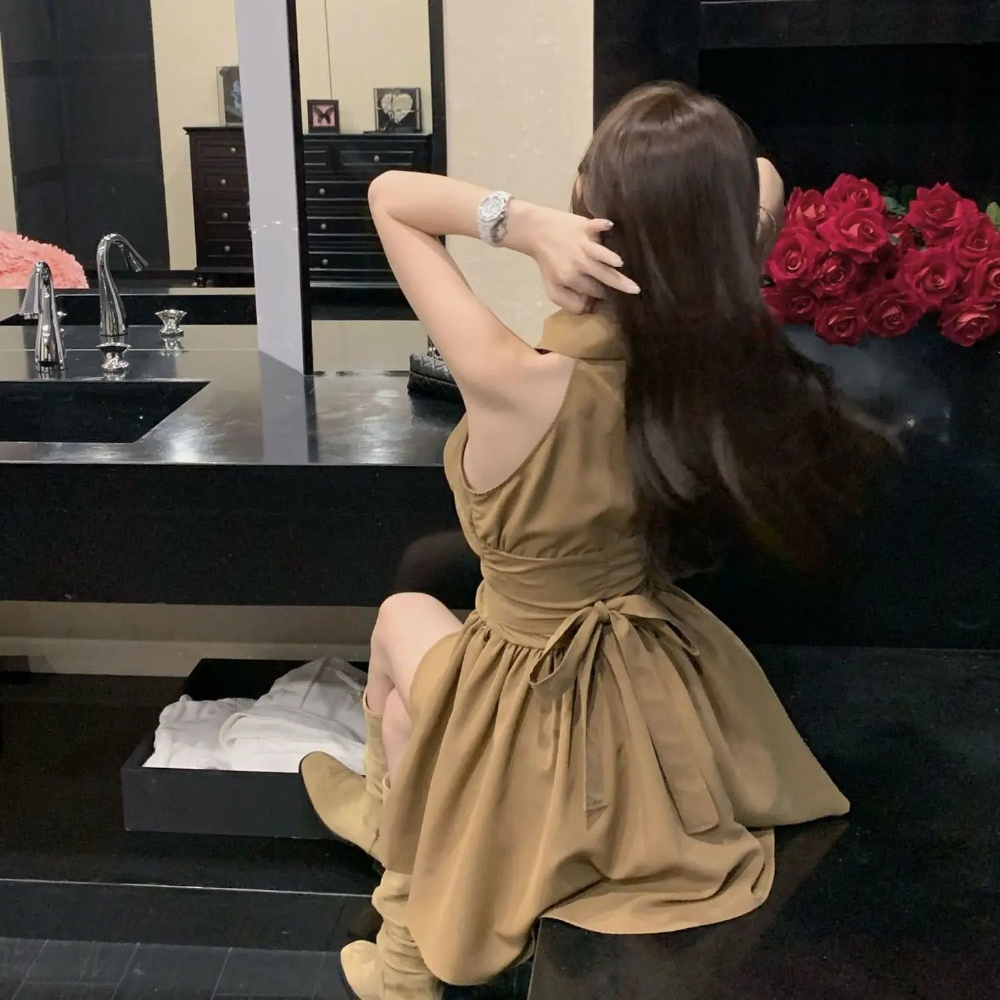 Sleeveless Dresses Women Bow Lace-up Turn-down Collar Mini High Street A-line Hotsweet Partywear Korean Fashion Vestidos Ins