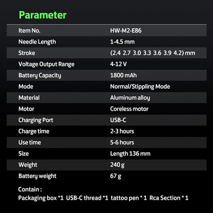 Wireless Tattoo Machine Kit with Adjustable Stroke, RCA Section, Cartridges Needles, and Ink for Artists