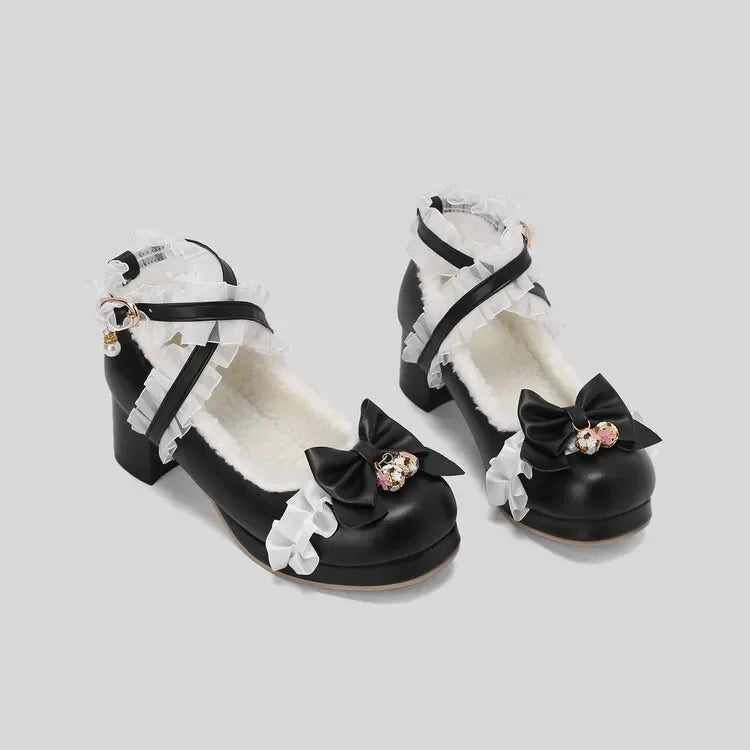 Cross Strap Women High Heels Mary Jane Pumps Party Wedding Cosplay White Pink Black Strawberry Bow Princess Cosplay Lolita Shoes