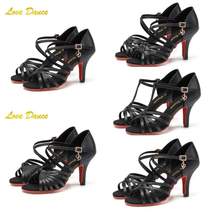 SW Latin Dance Premium Professional Women's Black Dance Shoes with Red Sole for Ballroom, Competition, Rumba & Cha-Cha Practice