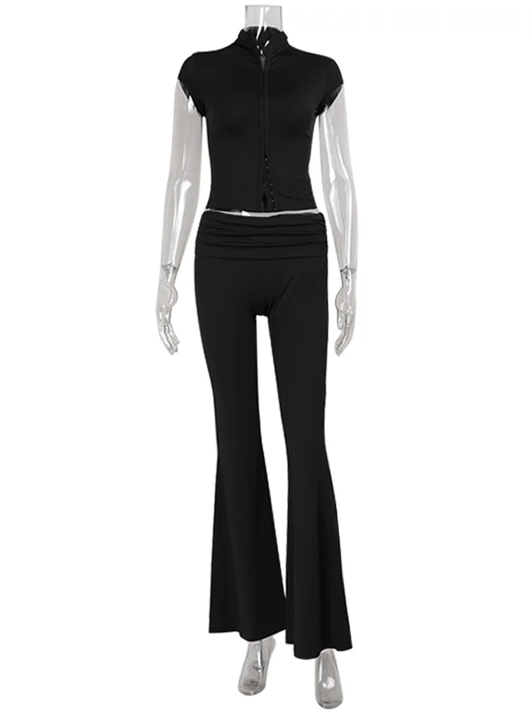 CNYISHE Lace Buckle Women Sets Fashion Cool Half High Collar Short Sleeve Sheath Chic Tees Solid Female Suits Trendy Sexy Pants