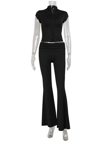 CNYISHE Lace Buckle Women Sets Fashion Cool Half High Collar Short Sleeve Sheath Chic Tees Solid Female Suits Trendy Sexy Pants