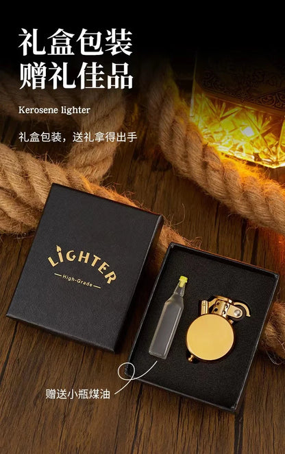 New Retro Round Kero sene Lighter Creative Metal Windproof Flame Lighter Gold and Silver Oil Lighter Smoking Accessories Tool