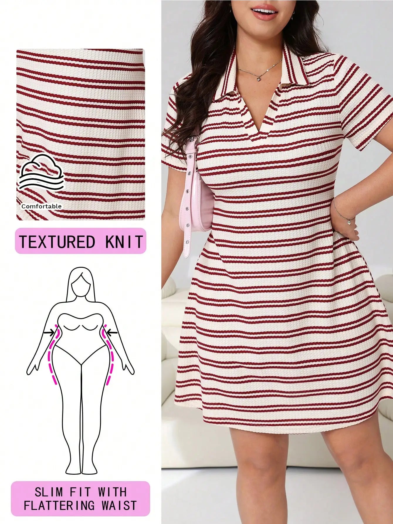 Striped Knit Polo Dress A-Line Slim Fit Flattering Waist Casual Summer Dress