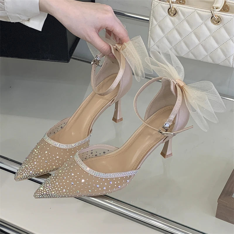 Eilyken Spring Sexy Crystal Mesh Bowknot Pumps Women Pointed Toe Buckle Strap Sandals Thin Heels Party Shoes Zapatos Mujer