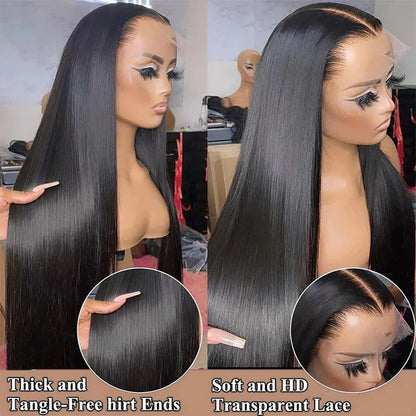 Silky Straight Lace Front Wigs Human Hair 200% Density 26 Inch Human Hair Wig for Women Natural Black HD Transparent Lace