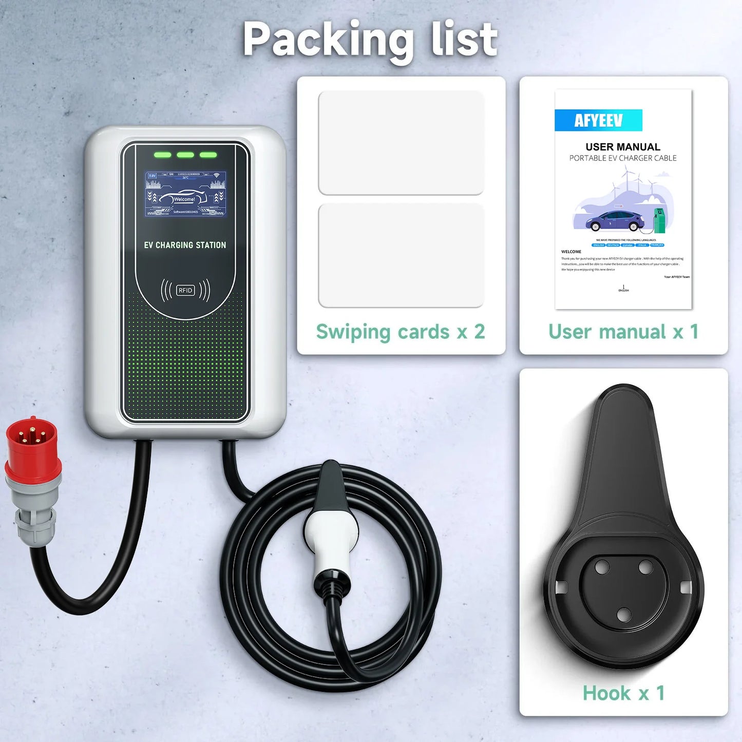 AFYEEV Type2 EV Charger 32A 7.6KW Charging Station Car Charger 11KW 22KW 3Phase EVSE Wallbox APP Bluetooth WiFi Remote Control