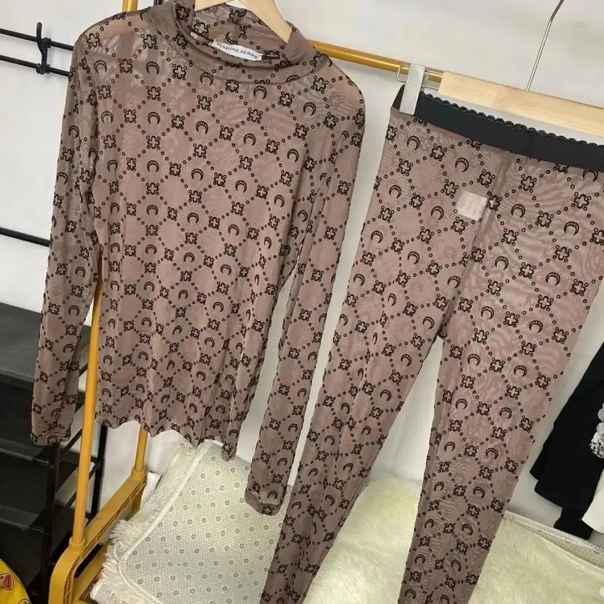 Women Two Piece Set Korean Retro Fashion Long Sleeve Moon Velvet Printed Base Shirt Pants Set Thin Perspective Spicy Girl Sexy