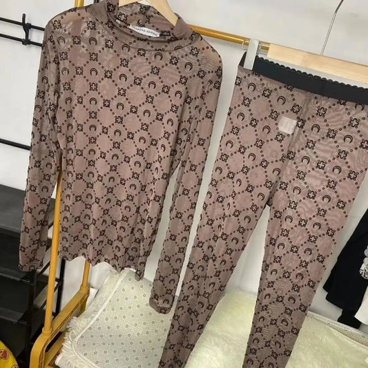 Women Two Piece Set Korean Retro Fashion Long Sleeve Moon Velvet Printed Base Shirt Pants Set Thin Perspective Spicy Girl Sexy