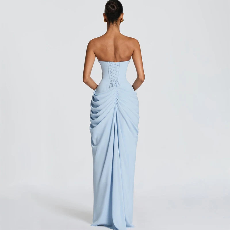 Elegant Yellow Strapless Pleated Dress Women Chic Sleeveless Waist Cinching Split Maxi Gowns 2026 Summer Lady Evening Party Robe