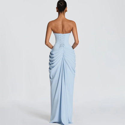 Elegant Yellow Strapless Pleated Dress Women Chic Sleeveless Waist Cinching Split Maxi Gowns 2026 Summer Lady Evening Party Robe