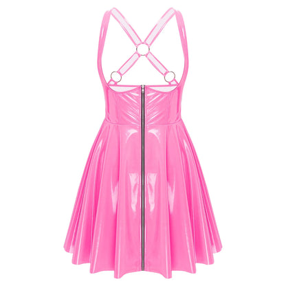 Gothic Punk Women Wet Look Latex Leather Dress Sleeveless Front Cut Out Cups Bodycons Dress Sexy Raves Party Nightclub Clubwear