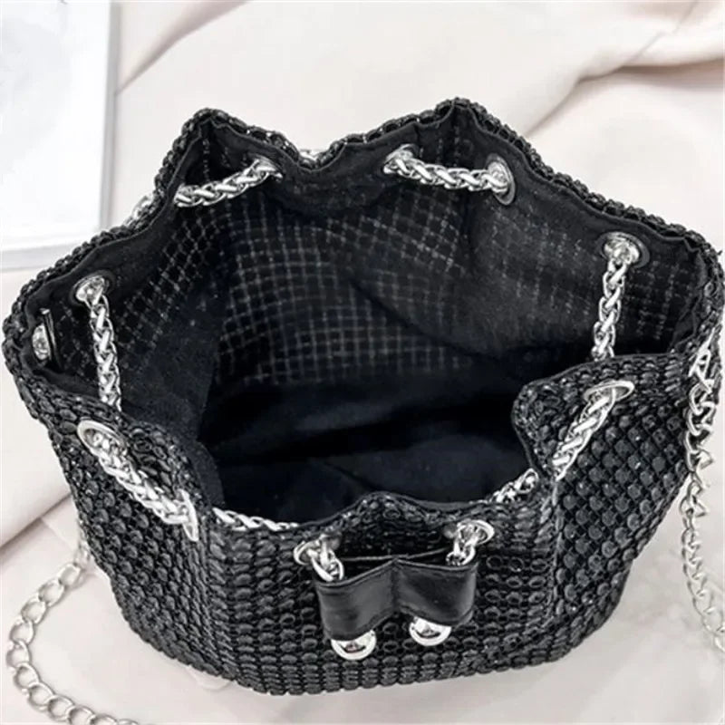 Sparkling Rhinestone Embellished Drawstring Crossbody Bag for Women Multi-Functional Bucket Purse with Detachable Chain Strap