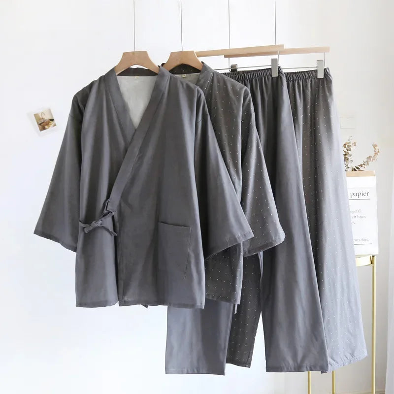 Kimono Robes Pajamas Set for Spring Autumn and Summer Thin Men's Cotton Loose Fit Large Size Half Sleeve Sleepwear Set