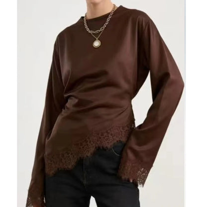 Tie Up Lace Women's Top Sexy O-neck Patchwork Irregular Full Sleeves Blouse Female 2026 Spring Fashion All Match Woman Shirts