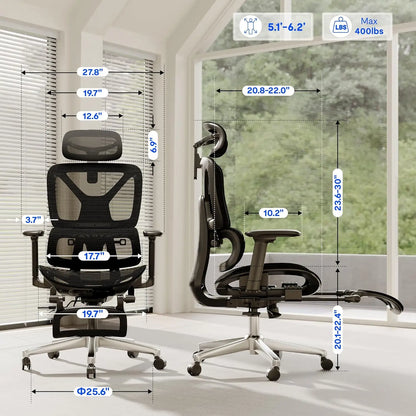 ErgoX Premium Ergonomic Office Chair with Footrest- Adjustable 3D Armrests, Dynamic Lumbar Support, Recline & Tilt, Customized