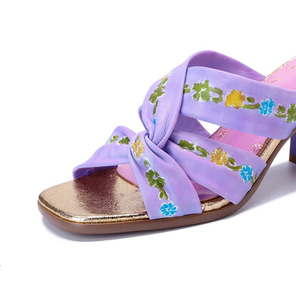 Purple Handmade Woman Slippers Luxury Party Banquet Shoes 6.5CM High Heels Summer Fashion Slide Lady Square Toe Bohemian Sandals