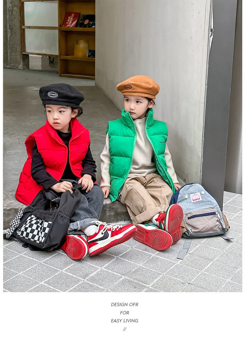 3-14 Years Winter Boys Girls Vest Fashion Letter High Neck Design Thick Keep Warm Waistcoat For Kids Children Down Coat
