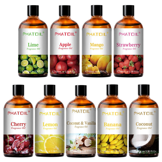 PHATOIL 100ml Aromatherapy Fragrance Oil with Glass Dropper Lime Coconut Strawberry Cherry Watermelon Lemon Mango Aroma Oils