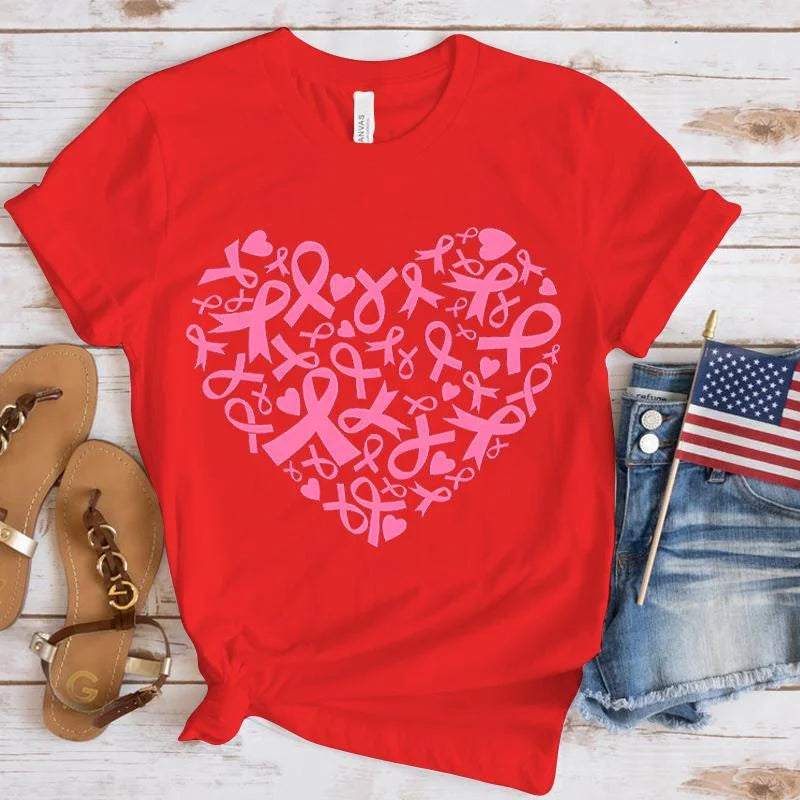New Breast Cancer Awareness Heart Print T-Shirt Men Women Fashion Short Sleeve Casual Summer Tops Tees