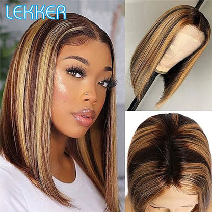 100% Human Hair Wigs Highlight Brown Long Pixie Straight Bob Middle Part lace Front For Women Brazilian Remy hair Glueless Wigs