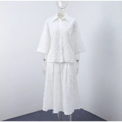 Elegant Fringe Skirts Sets 2 Pieces Women Lapel Buttons Long Sleeve Blouses Pleated A-line Long Skirts 2025 Summer Chic Outfits