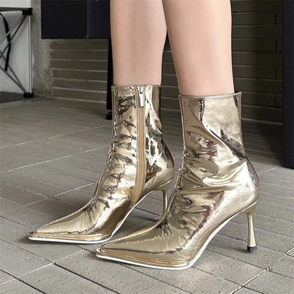 Eilyken Gold Silver Soft Leather Thin Low Heels Zippers Short Ankle Boots Women Pointed Toe Spring Autumn Stripper Ladies Shoes