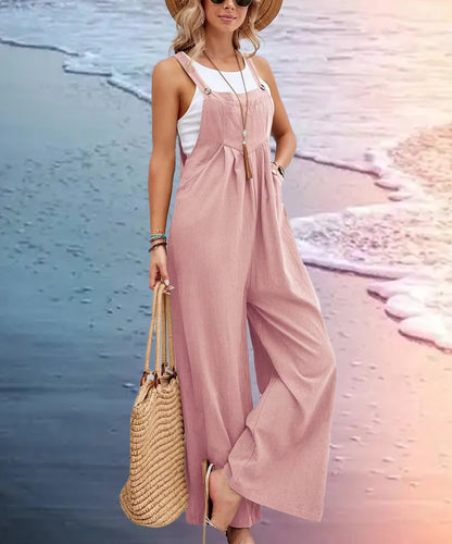 2025 Spring/Summer New Ethnic Style Solid Color Wide Leg Jumpsuit Women Loose Fit Fashion Elegant Casual Overalls Wide Leg