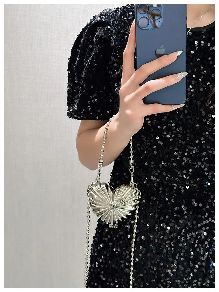 Golden Silver Evening Bag Handbag Luxury Designer Shoulder Crossbody Bags Party Wedding Clutch Mini Heart Pattern Shell Purse