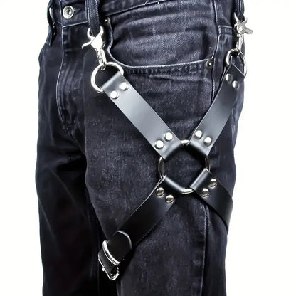 Adjustable Black Faux Leather Leg Harness Belt with Metal Buckles-Unisex Street Style for Performances,Retail Shows,and Casual W