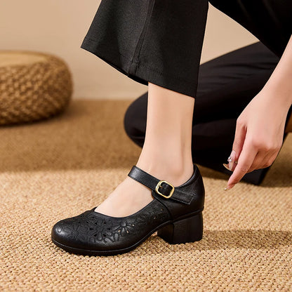 DIMANYU Women Floral Hollow Mary Jane Shoes Genuine Leather Mid Heel Summer Comfort Mother Shoes Ladies Dress Sandals