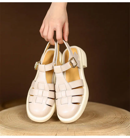 2023 Women Sandals Retro Genuine Leather Luxury Roman Sandals Casual Buckle Strap Summer Shoes GLADIATOR Thick Heel Women Shoes