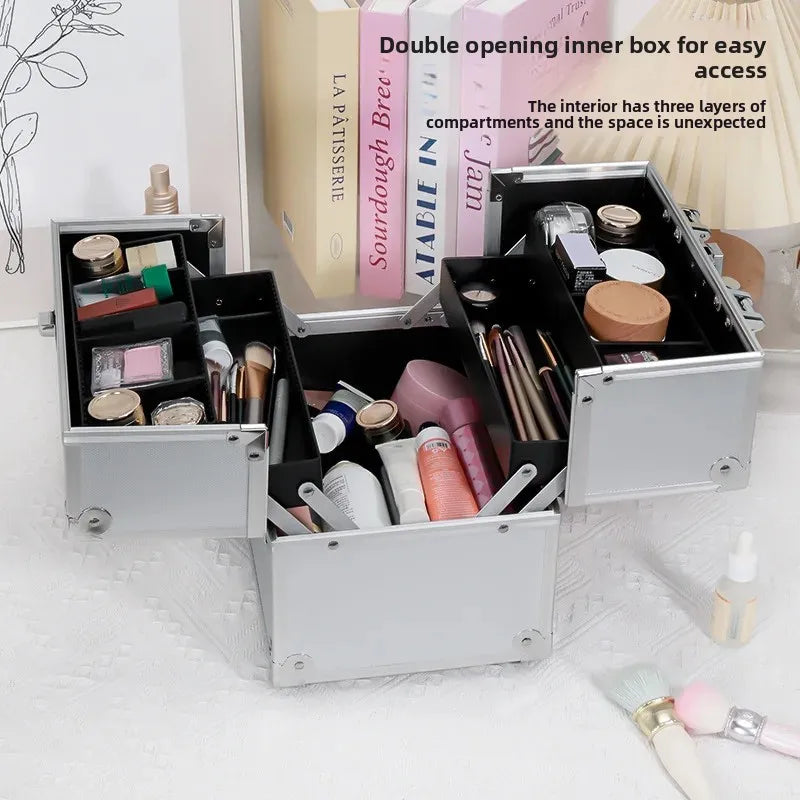 Large Capacity Three-Layer Aluminum Alloy Makeup Artist Tool Box Tattoo Cosmetics Nail Art Storage Box Beauty Pure Color Metal S
