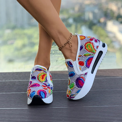 Women's Sneakers Rainbow Embroidered Platform Shoes for Women Breathable Mesh Loafers Lightweight Slip On Casual Shoes Plus Size