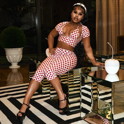 FAGADOER Sexy Woman 3 Piece Set Outfit Polka Dot Print Patchwork Short Sleeve Crop Top and Pants Matching Female Streetwear New